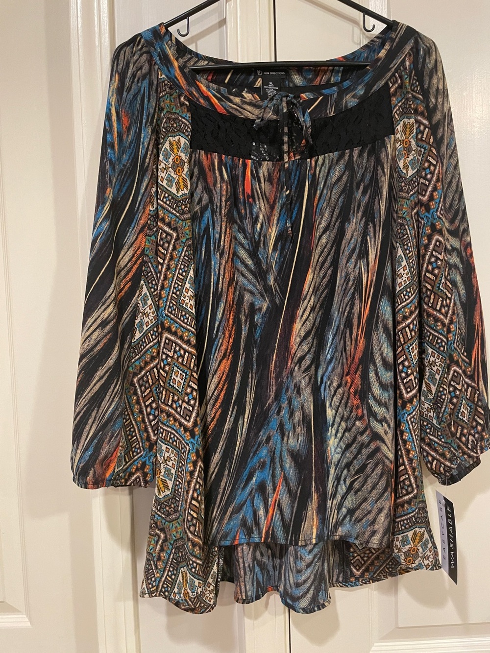 New Directions Black Lace Top with Multicolor Trim